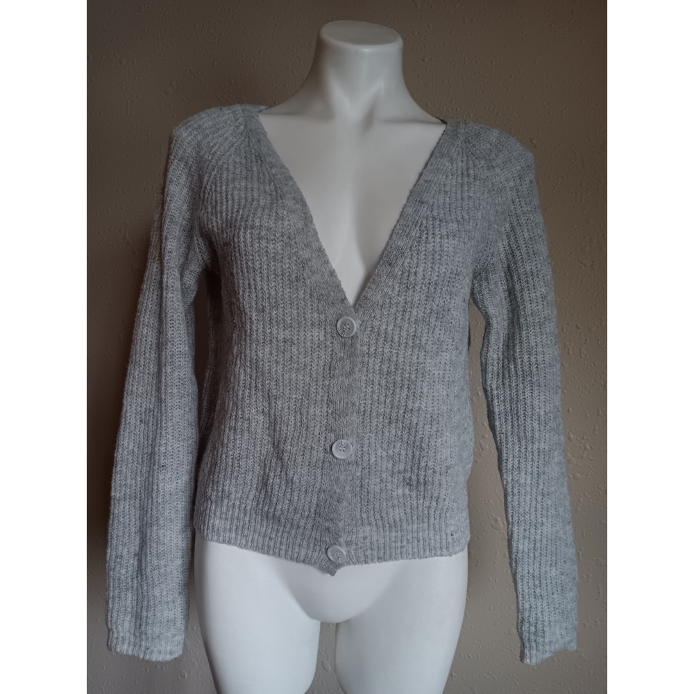 SHEIN Gray V-Neck Button Ribbed Cardigan Sweater